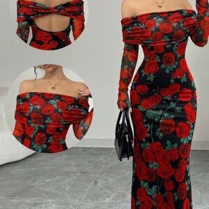 Elegant Black and Red Floral Off-Shoulder Dress